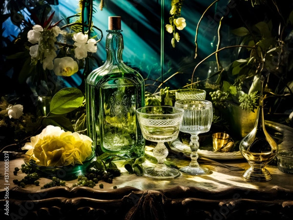 Obraz Vintage glass bottle and goblets arranged with white roses and greenery on a rustic table.