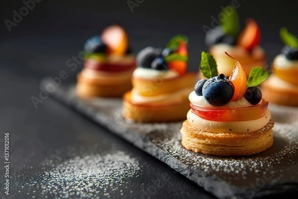 Fototapeta Elegant fruit pastries topped with fresh berries and stone fruit on a dark stone slate