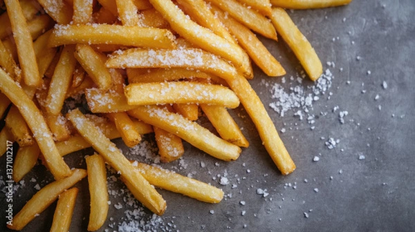 Fototapeta French Fries Perfectly Seasoned with Salt and Presented on a Rustic Gray Surface