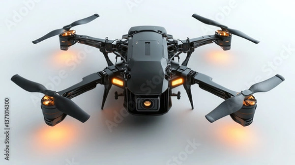 Fototapeta Black Quadcopter Drone with Illuminated Orange Lights