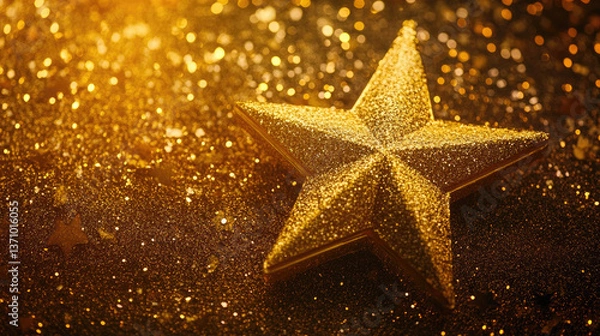 Fototapeta Golden 3D Star on Glittering Surface