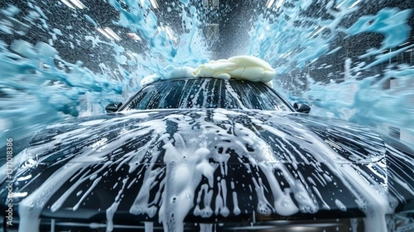 Fototapeta Car wash with foam and water Full Foam splattering as foam and water mix together, forming unique abstract patterns on the hood of a futuristic car