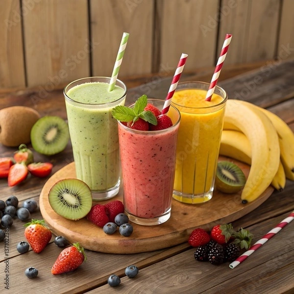 Obraz Vibrant Fruit Smoothies Trio – Kiwi, Berry, and Tropical Blends in Clear Glasses