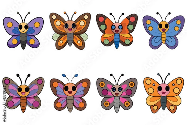 Fototapeta Colorful set of vector butterflies in a seamless nature design with flowers 