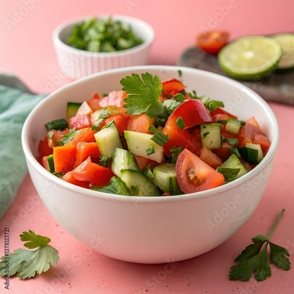 Fototapeta Fresh Vegetable Salad with Tomatoes and Cucumbers in a White Bowl – Vibrant and Healthy Meal