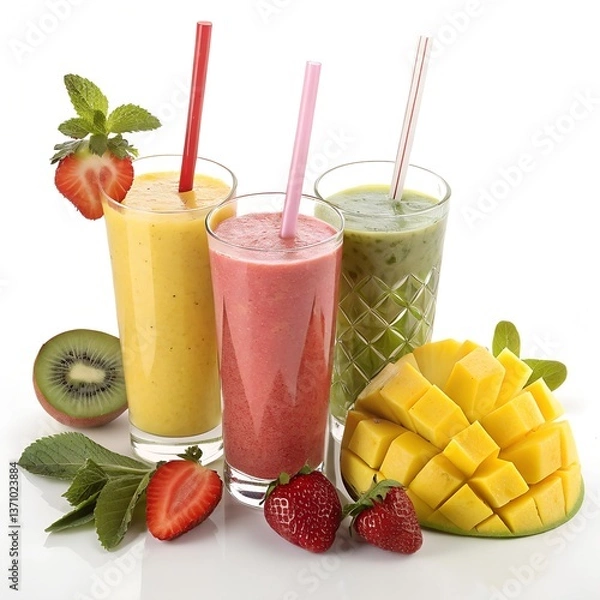Fototapeta Colorful Fruit Smoothies in Clear Glasses – Kiwi, Strawberry, and Mango with Fresh Garnishes