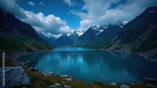 Obraz A high-quality photo of Lake Silvaplana in Switzerland during the night, sunny weather, shot from above, emphasizing the serene water surface and surrounding landscape.
