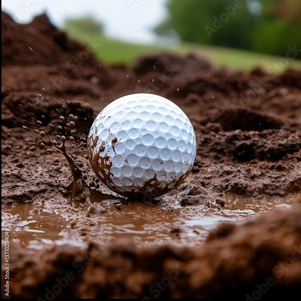 Obraz Golf ball in muddy bunker.