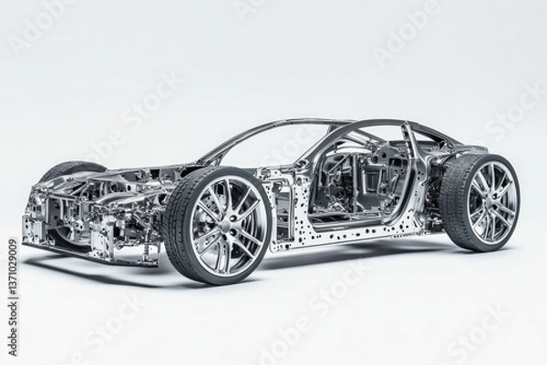 Fototapeta Intricate silver car frame isolated on white background with sharp focus and detailed photography