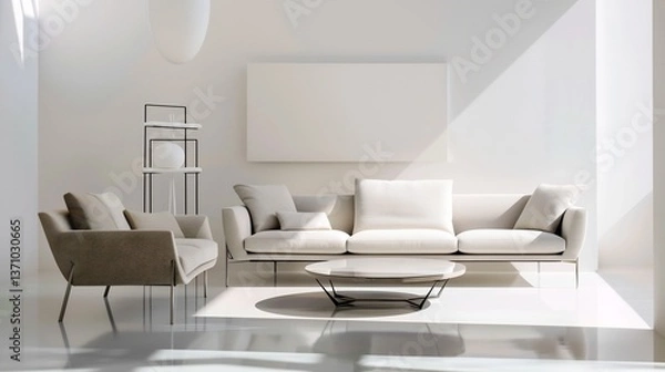 Fototapeta Sleek modern minimalist living room white wall neutral color palette sharp clean lines contemporary furniture isolated background