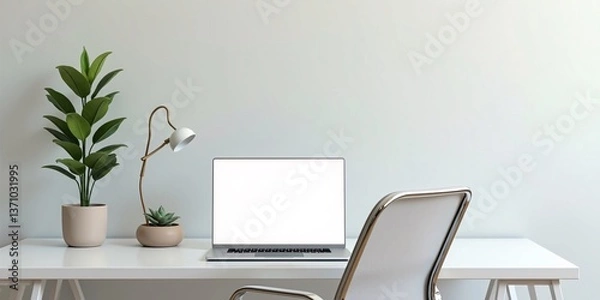 Fototapeta Minimalist Scandinavian Workspace – A clean white desk with a laptop	
