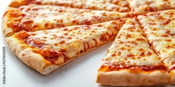 Fototapeta Freshly baked cheese pizza with golden crust placed on a white surface ready to enjoy