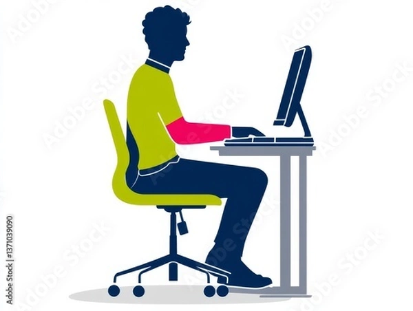 Fototapeta Silhouette of a person working on a computer, seated in an ergonomic chair at a desk in a bright, modern office environment, promoting workplace well-being.
