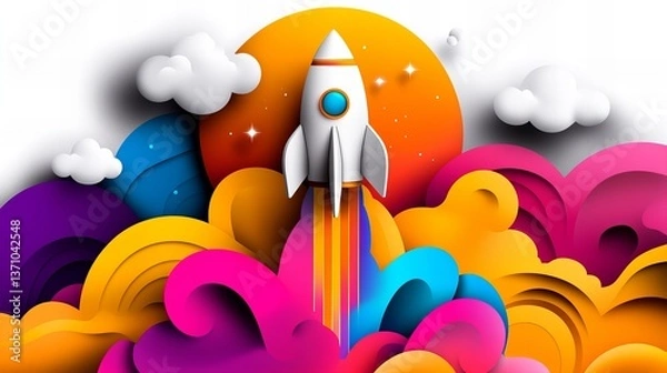 Fototapeta White stylized rocket is launching with colorful trails against bright orange circle and puffy clouds.