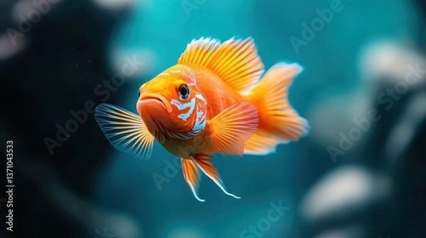 Fototapeta A beautiful goldfish captured in motion, swimming gracefully through tranquil waters, displaying its stunning colors and elegant fins, set against a bokeh background.