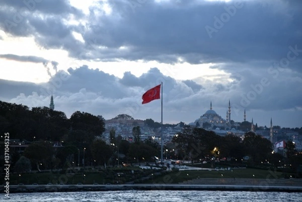 Obraz Istanbul Türkiye with flag viewed from the sea 