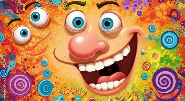 Fototapeta April Fools Day Silly Face Fun - A cheerful cartoon face with extra eyes, a big nose, and a wide smile. Symbolizing fun, laughter, pranks, silliness, and surprise. Perfect for April Fools' Day!