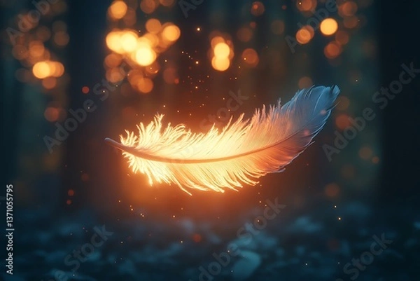 Fototapeta A single, detailed feather floating in the air, softly glowing as it drifts through a sunlit forest