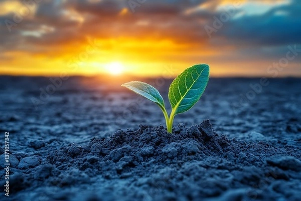 Fototapeta A single seed sprouting in a barren desert, with the first green leaf emerging from the dry soil under a dramatic sky
