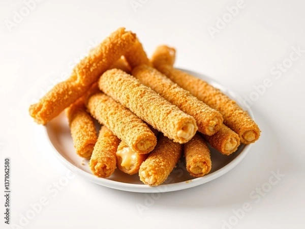 Fototapeta Close-up of a stack of crispy, golden-brown cheese-filled snack sticks arranged on a white plate against a plain white background