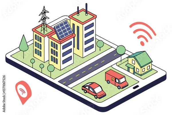 Fototapeta 100 Isometric smart city on smartphone, 3D buildings with solar panels, futuristic architecture, green spaces, electric vehicles, wifi symbol, location pins, colorful, detailed, miniature urban landsc
