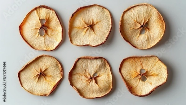 Obraz Dried Apple Slices Spread Out on a Light Background