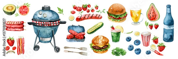 Fototapeta Summer picnic and grilling watercolor illustration