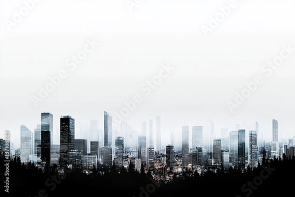 Fototapeta Urban landscape depicted in a monochrome city skyline, showcasing contrast, on a white or clear surface with a transparent  background