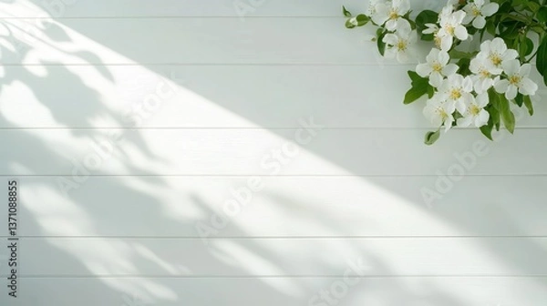 Fototapeta Soft white flowers positioned artfully with gentle sunlight casting shadows, creating a serene and calming atmosphere enriched by the play of light and nature's beauty.