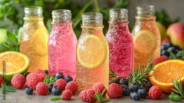 Fototapeta Refreshing functional beverage with vibrant fruits and herbs in natural light