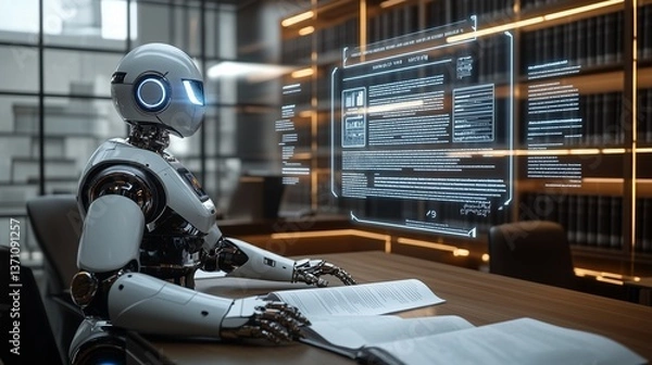 Fototapeta A high-tech legal office with a robot assistant projecting floating holograms of legal documents, contract analysis, and case data