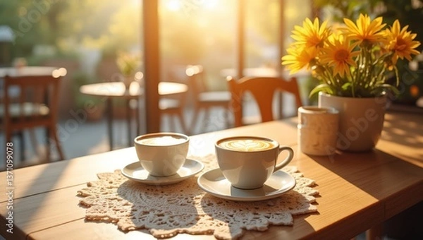 Fototapeta two cups of cappuccino with latte art