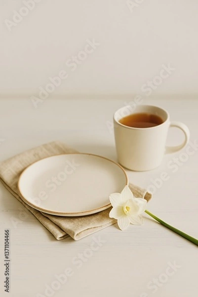 Obraz Easter Breakfast Scene with Tea, Flower and Ceramic Plate