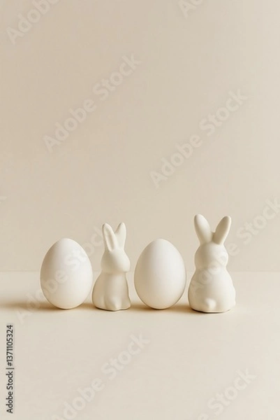 Obraz Easter Siblings – Two Eggs and Two Ceramic Bunnies
