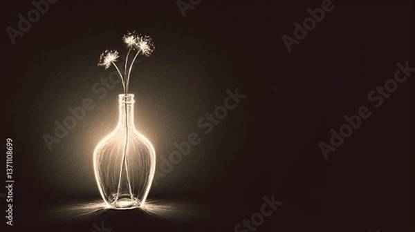 Fototapeta Glowing vase with flowers illuminated from within on dark background with copy space