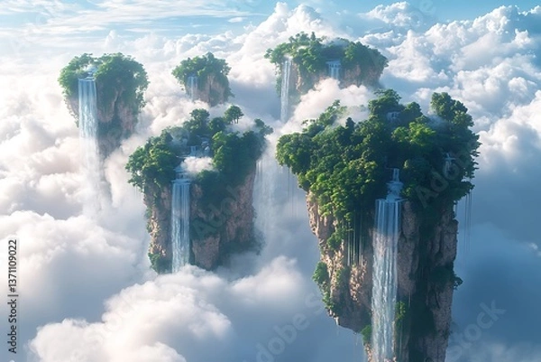 Fototapeta A surreal landscape featuring floating islands connected by cascading waterfalls, suspended in a sky filled with soft, drifting clouds