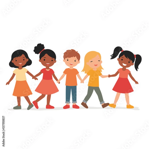 Fototapeta Diverse children holding hands in a playful unity expression  