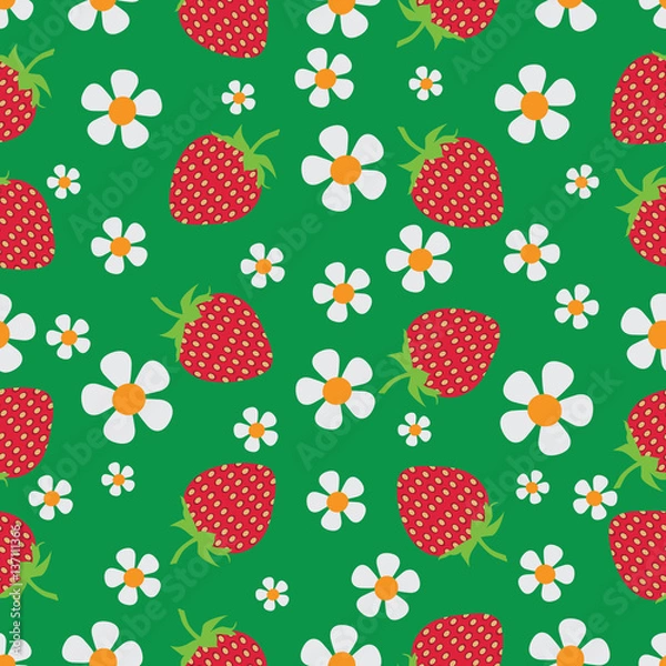 Fototapeta Flowers and berries. Strawberry. Natural product. Seamless pattern on a dark green background. The farmers market, chefs, cooks.
