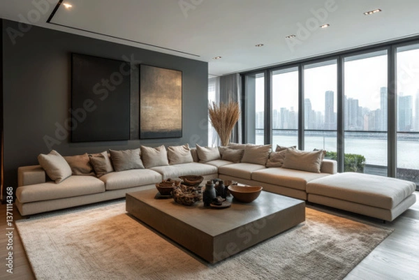 Fototapeta A contemporary living room with a neutral sectional sofa and deep gray walls featuring a sleek design for comfort and style