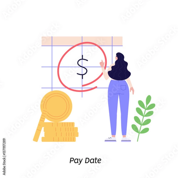 Fototapeta Person standing near to a calendar with pay date or tax declaration. Concept of payment date, finance calendar, financial report, pay day, business invoice. Vector illustration in flat design