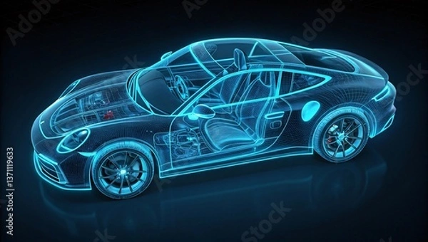Fototapeta Futuristic Digital Wireframe Rendering of a High-Tech Sports Car