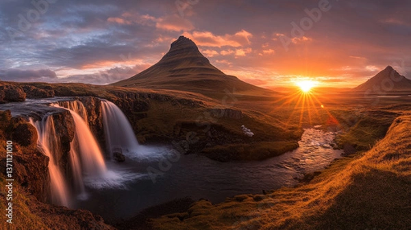 Obraz Kirkjufellsfoss waterfall in Snaefellsnes peninsula in Iceland at dawn