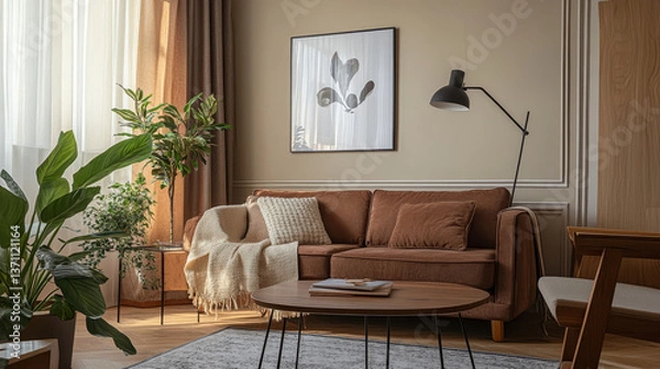 Fototapeta Stylish composition of living room interior with mock up poster frame, brown sofa, wooden coffee table, stylish lamp, plants, curtain, beige wall and personal accessories. Home decor. Template.