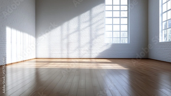 Fototapeta Empty spacious room with pristine white brick walls, wide-plank natural oak wooden floors, large windows casting soft daylight shadows, perfect for interior design mockups
