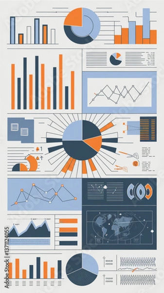 Obraz Business data visualization infographic with colorful pie charts bar graphs line graphs and global map elements for analytics dashboard or corporate presentation design