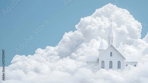 Obraz White Church Floating On Clouds In Pastel Sky