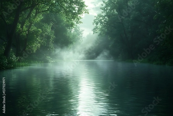 Fototapeta A tranquil river flowing through a dense forest with mist rising