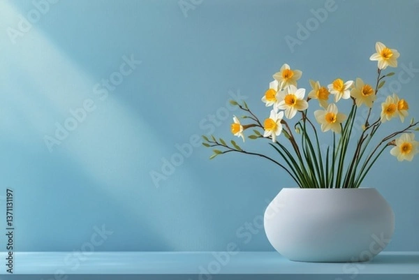 Fototapeta Bright Daffodils in a White Vase Against a Light Blue Wall in a Cozy Room Setting