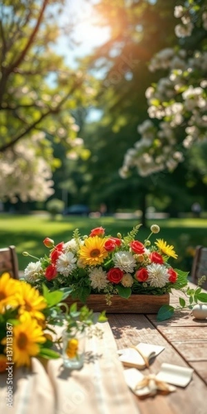 Fototapeta Colorful floral arrangement on a wooden table in a sunlit park during a warm spring afternoon