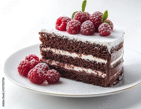 Obraz Delicious chocolate cake with layers of creamy filling, topped with fresh raspberries and powdered sugar. A perfect dessert!